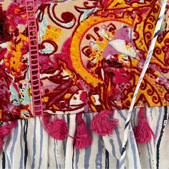 THML Blue Striped and Paisley Pink Tassel Sleeveless Blouse Top Women’s Small - Picture 4 of 6
